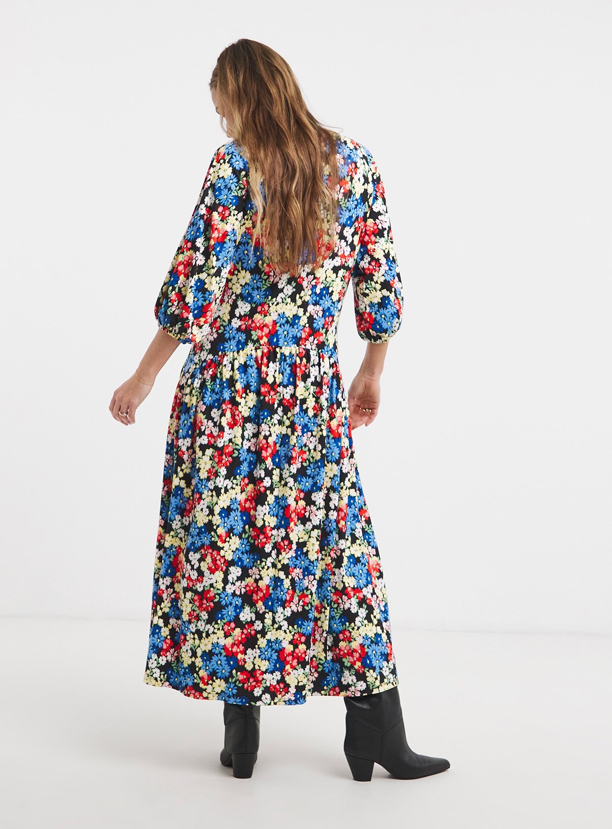 JD WILLIAMS Soft Touch Drop Waist 3/4 Sleeve Smock Dress 8 - Image 2 thumbnail